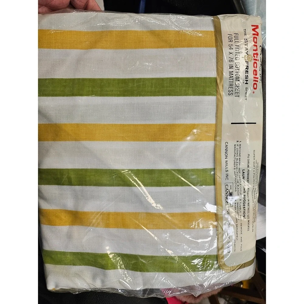 Vintage Cannon Monticello Full Fitted Sheet Yellow Green Striped No Iron Muslin